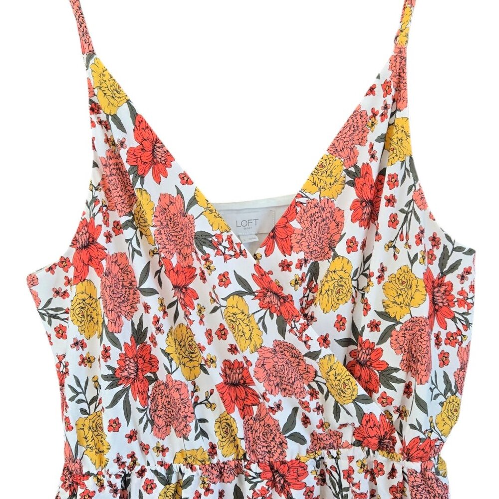 LOFT Floral Midi Dress Faux Wrap Ruffle Adjustable Straps Elastic Waist Large - Picture 3 of 10